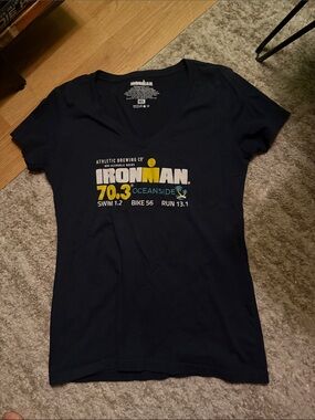 Iron Man Navy V-Neck Tee with Yellow and White Logo